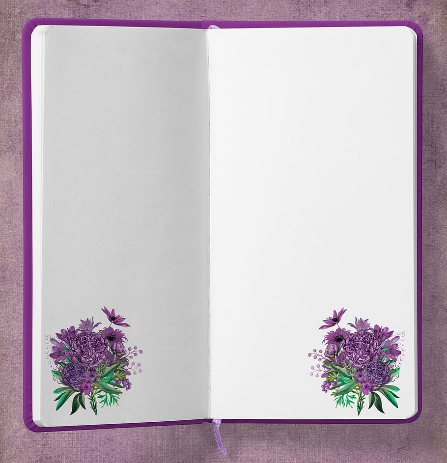 diary, bouquet, flowers, background, purple, note, write, scrapbooking