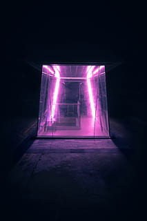 black light near staircase, neon, flare, lighting, phone, city night HD wallpaper