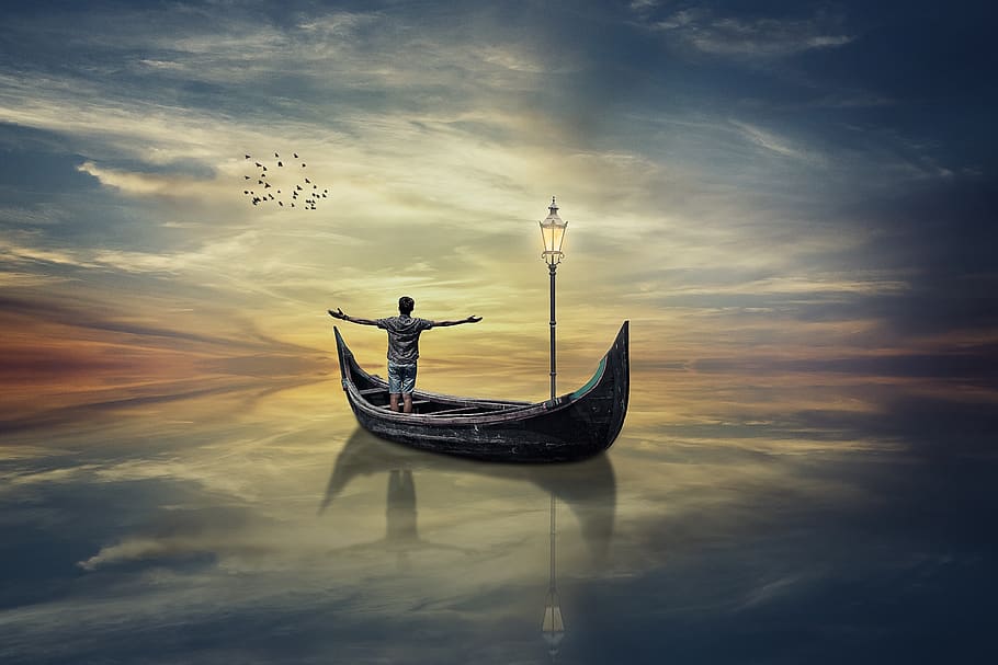 manipulation, reflection, sky, boat, lamp, birds, nautical vessel HD wallpaper