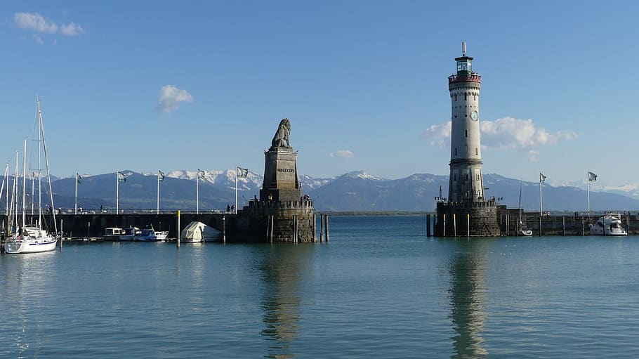 lake, lighthouse, water, sky, nature, landscape, clouds, mood HD wallpaper