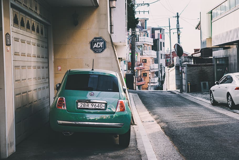 parked green car, transportation, vehicle, automobile, license plate HD wallpaper