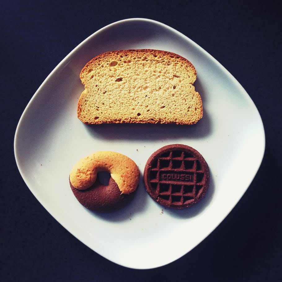 Toasted Bread, Donut, and Chocolate on Top of White Ceramic Plate HD wallpaper