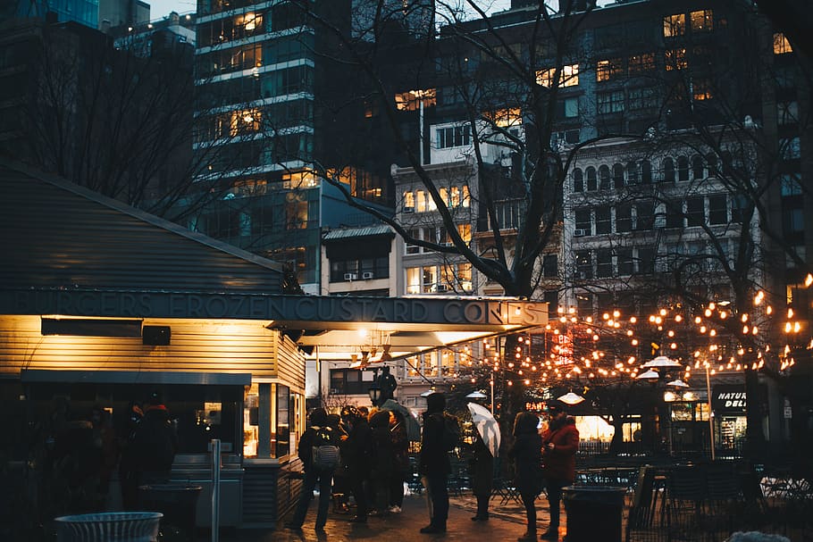 People Standing Infront of Lighted Store, building, city, commerce HD wallpaper