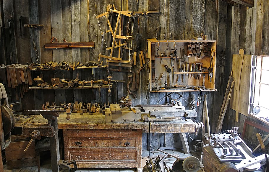 brown wooden workbench, wood - material, large group of objects HD wallpaper