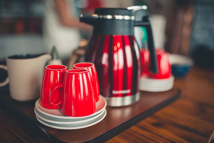 Red Coffee Kettle and Red Ceramic Cups, color, container, drink HD wallpaper