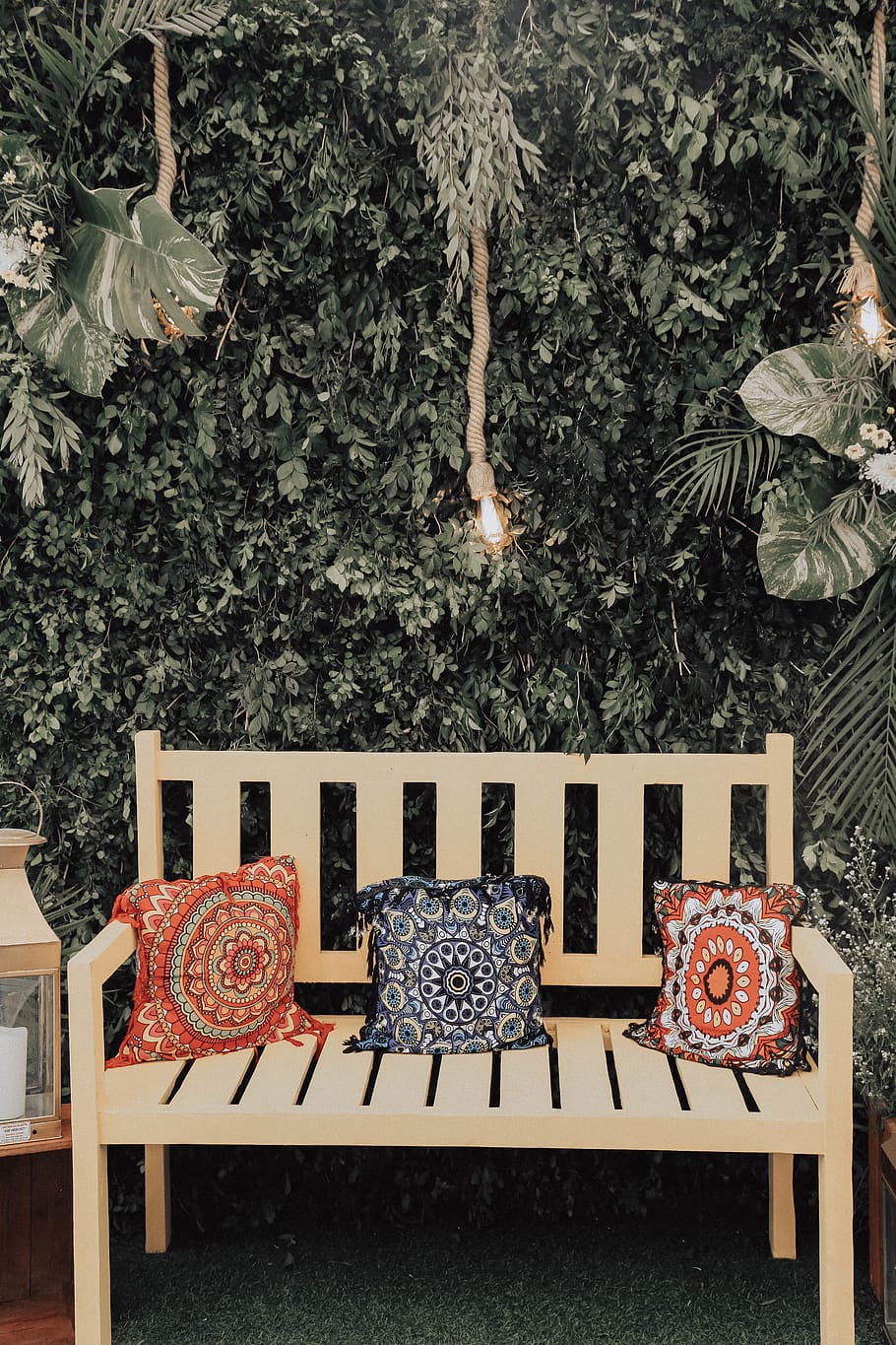 Wooden Bench, chair, pillows, throw pillows, plant, tree, seat HD wallpaper