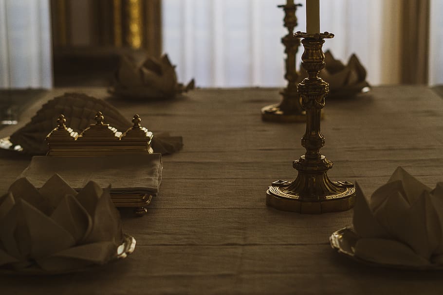 gray metal candle holder on table, indoors, no people, selective focus HD wallpaper