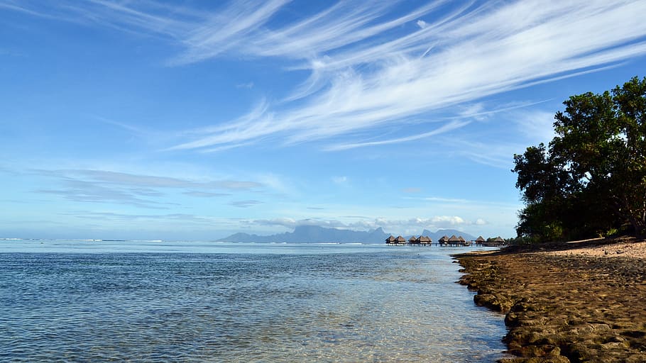 tahiti, french polynesia, moorea, clouds, sky, lagoon, water, HD wallpaper
