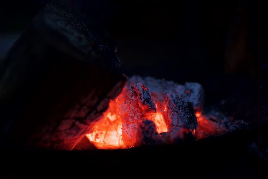 coal with ember, fire, flame, bonfire, manchester, united kingdom