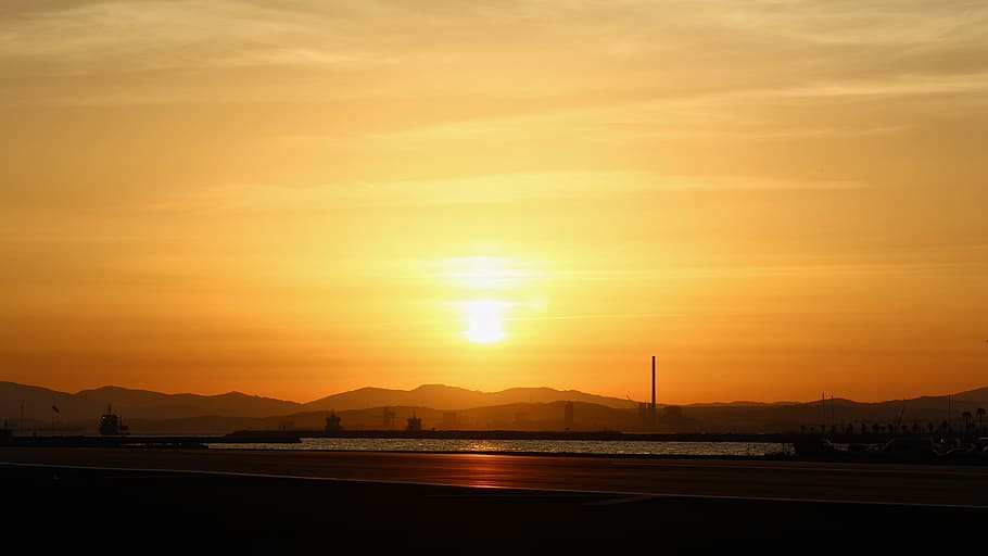 sky, clouds, orange, sunset, sunrise, sunlight, mountain, sea HD wallpaper