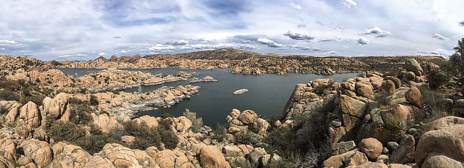 Dramatic view of the granite dells and formations surrounding Watson Lake in Prescott, Arizona.