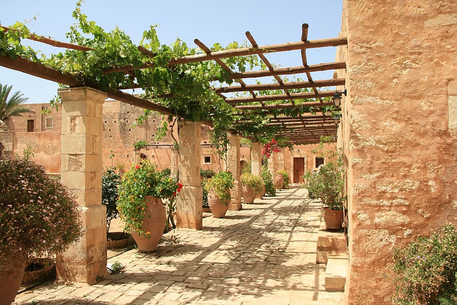 monastery, mediterranean, greece, crete, garden, building, monastery garden, HD wallpaper