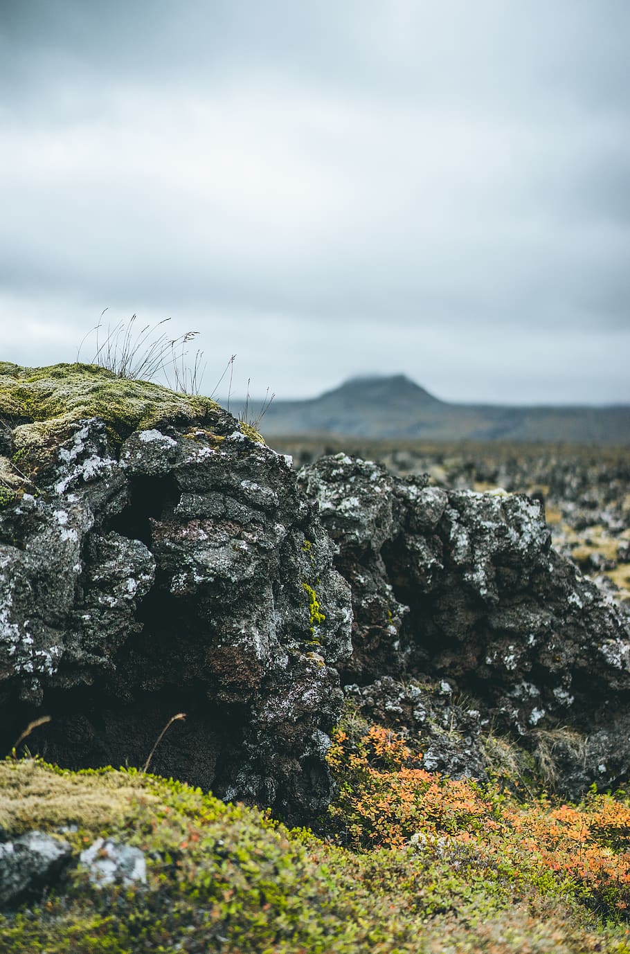 iceland, moss, volcanic, mountain, stone, clouds, rock, sky HD wallpaper