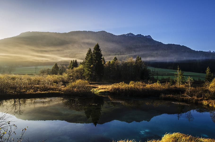 mirror, effect, reflection, mountain, nature, landscape, river HD wallpaper