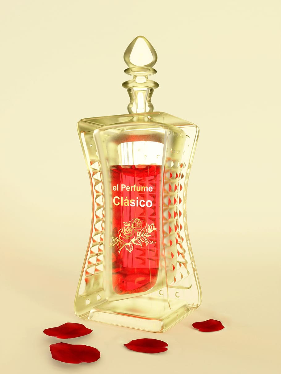 perfume, rose, flavor, red, golden, glass, bottle, beautiful HD wallpaper