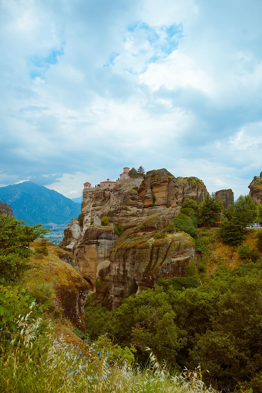 greece, meteora, monastery, mountain view, sky line, view from up above HD wallpaper