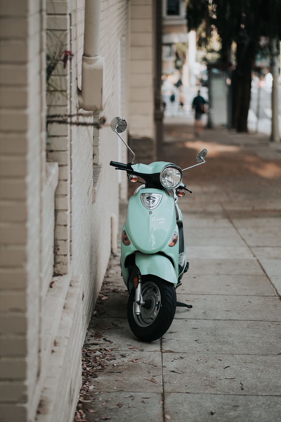 light-blue motor scooter parked near wall, bike, teal, city, sidewalk, HD wallpaper