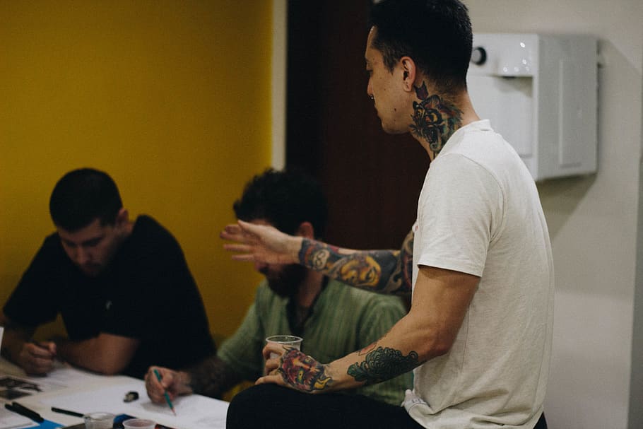 boy, man, teacher, style, tattoo, piercing, sitting, indoors HD wallpaper