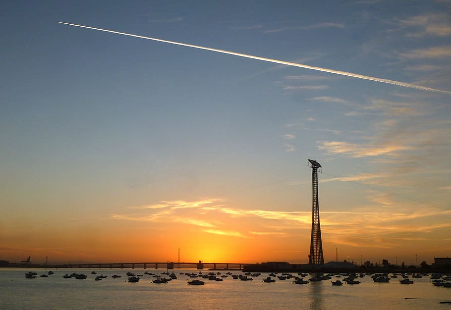 dawn, tower, sky, sunset, vapor trail, cloud - sky, scenics - nature HD wallpaper