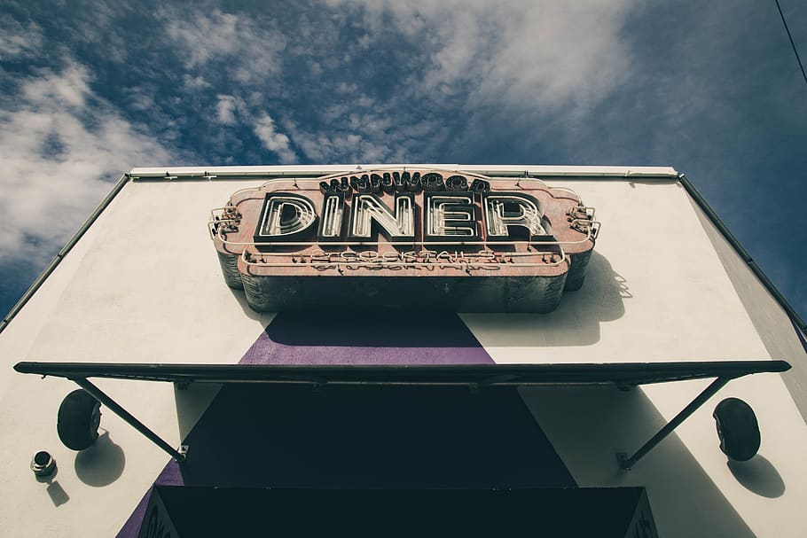 Diner Light Signage, clouds, daylight, landscape, low angle photography HD wallpaper