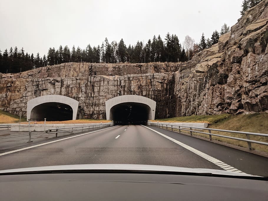 Photo of Two Highway Tunnels in Cliff Under Cloudy Sky, architecture HD wallpaper