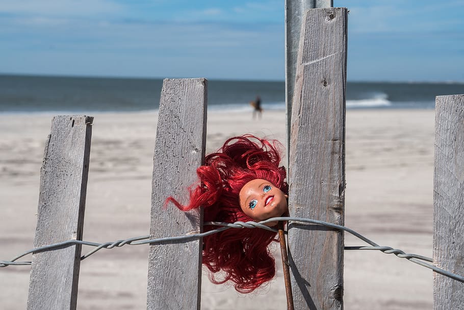 beach, redhead, doll, barbie, water, sea, one person, focus on foreground, HD wallpaper