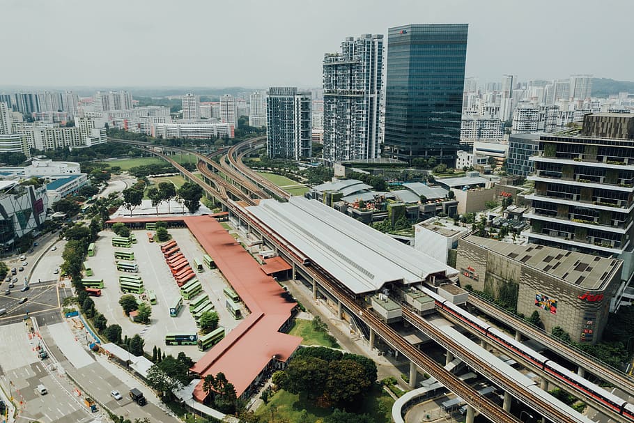 high-rise buildings near railways, drone view, aerial view, track HD wallpaper