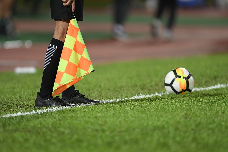 referee, soccer, football, assistant, flag, match, offside