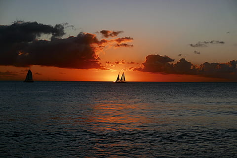 barbados, sunset, tropical, beach, evening, ocean, sailboat HD wallpaper