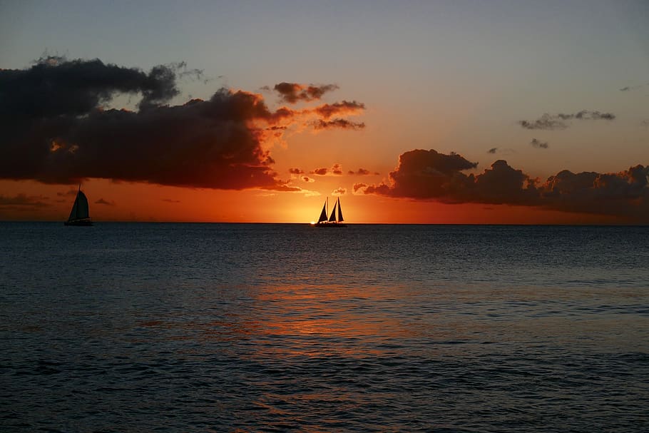 barbados, sunset, tropical, beach, evening, ocean, sailboat HD wallpaper