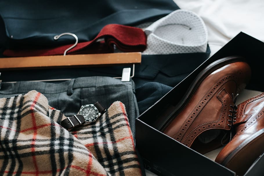 brown, leather, shoes, box, pants, watch, clothing, bedroom HD wallpaper
