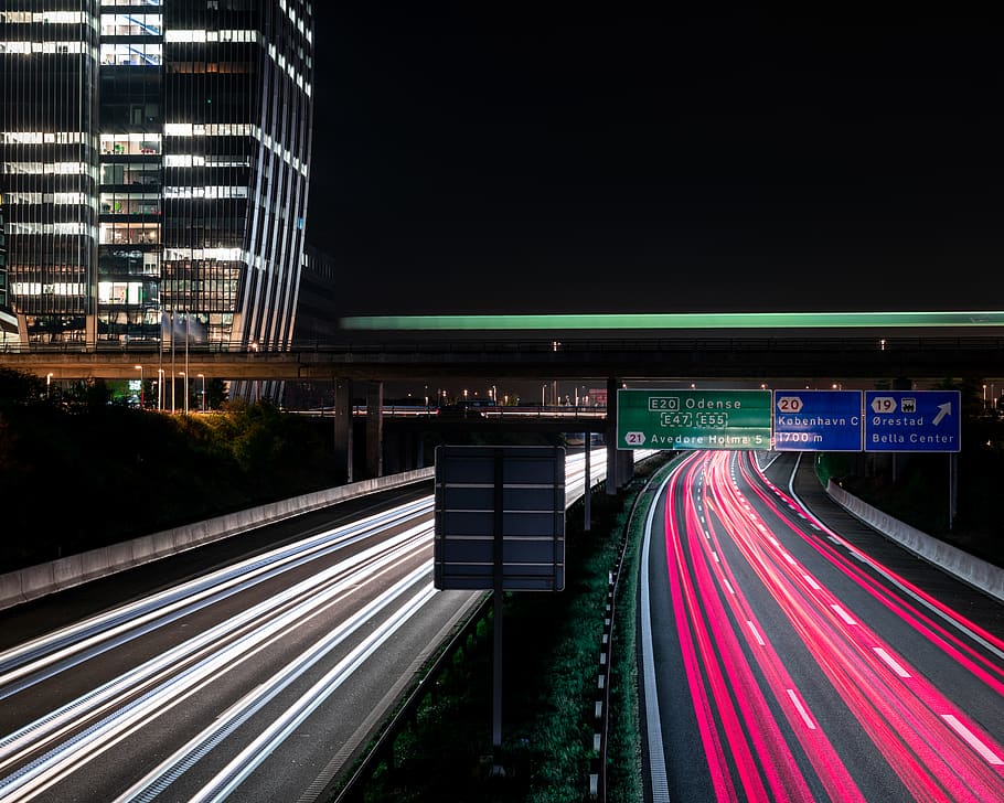 time-lapse photography during nighttime, highway, light trail HD wallpaper
