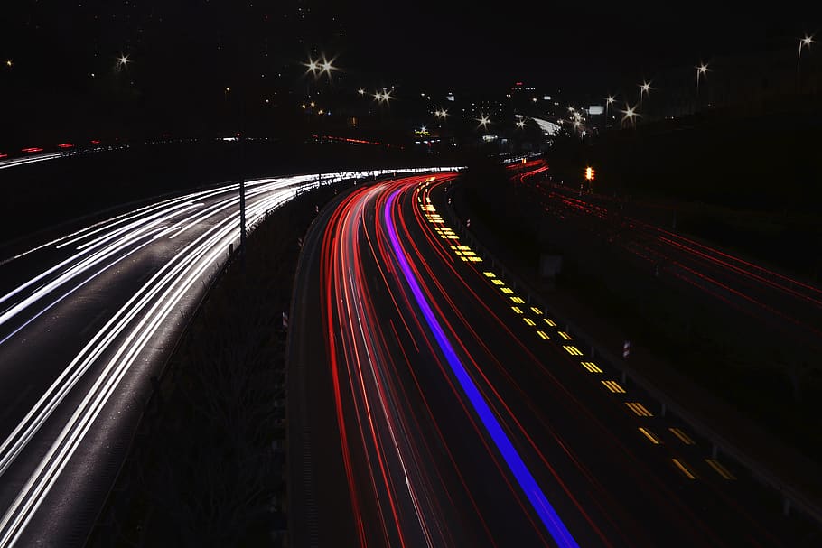 Lights During Night Time, evening, highway, light streaks, long-exposure HD wallpaper