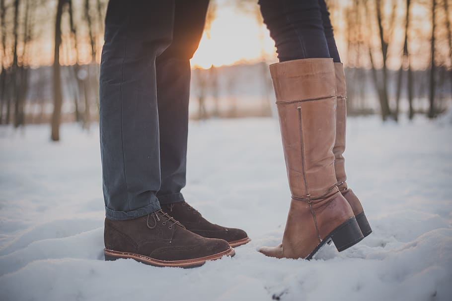 Two People Standing on Snow, couple, winter, low section, cold temperature HD wallpaper