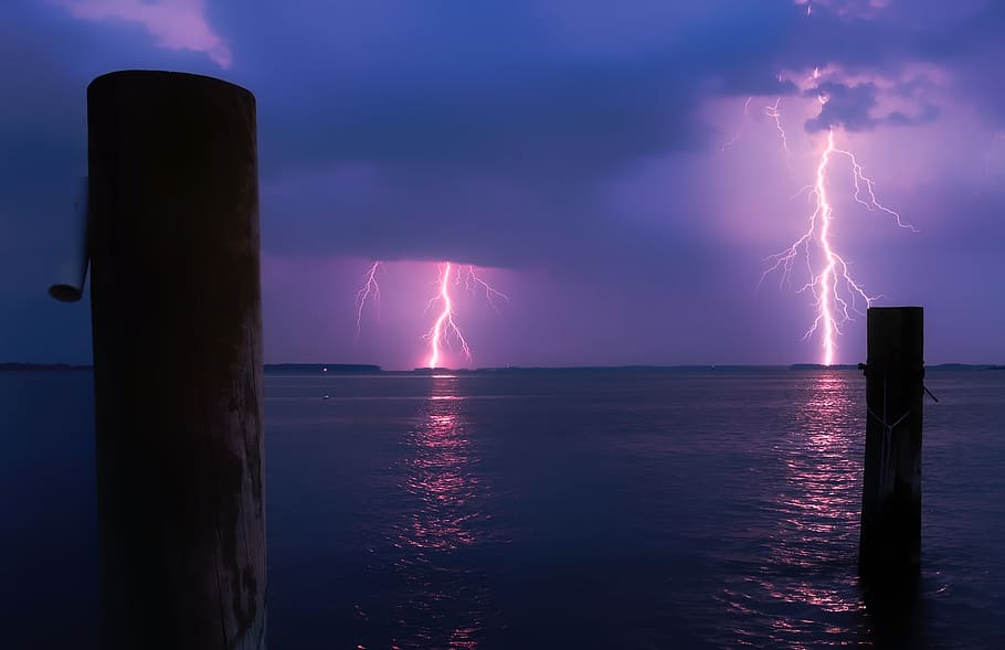 Lightning over Sea Against Storm Clouds, beach, beautiful, cloudy skies HD wallpaper