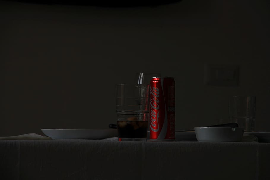 Coca Cola can on table, tin, coke, drink, beverage, soda, couch, HD wallpaper