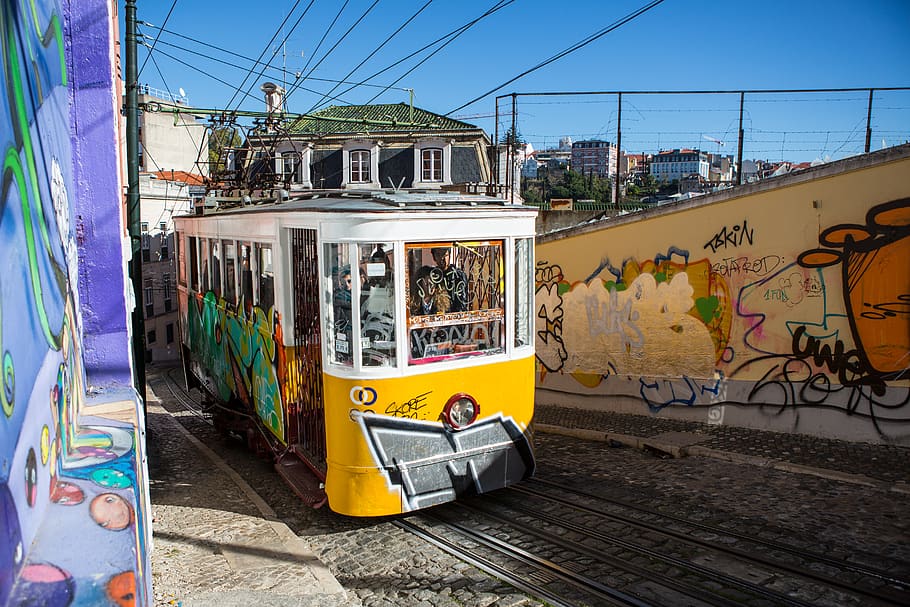 portugal, lisbon, hills, train, graffiti, tram, autumn, lissabon, HD wallpaper