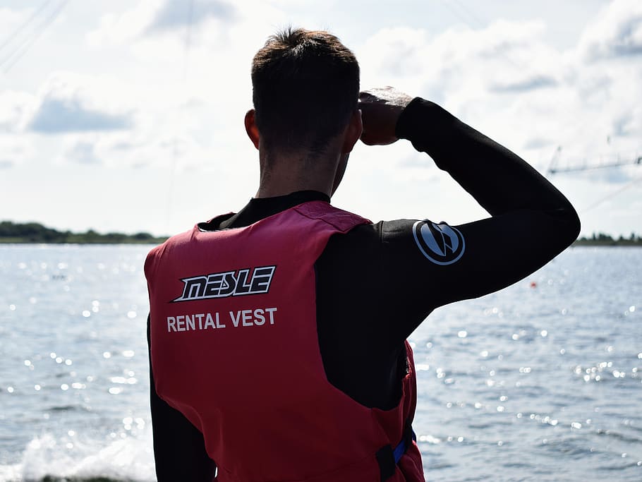 man, lake, lifejacket, red, water, lookout, waterboard, sport, HD wallpaper