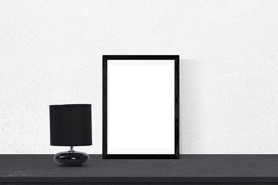 poster, frame, lamp, desk, copy space, technology, blank, indoors HD wallpaper
