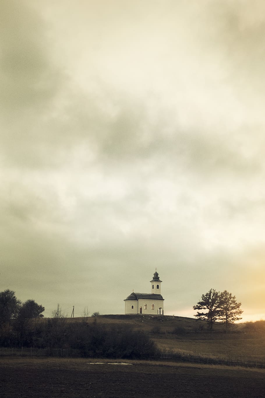 church, hill, trees, sky, cloudy, cloud - sky, architecture HD wallpaper