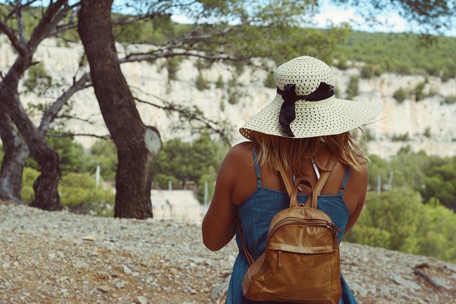 france, cassis, lake, forest, trees, hat, lady, girl, backpack HD wallpaper
