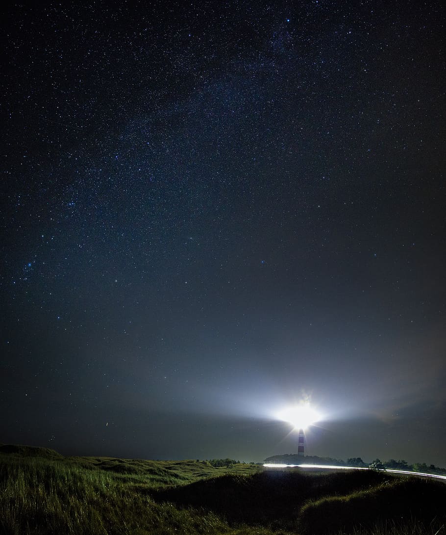 lighthouse during night time, netherlands, hollum, bornrif lighthouse HD wallpaper