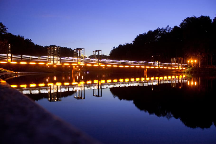 bridge, evening, river, twilight, backlight, reflection, illuminated HD wallpaper