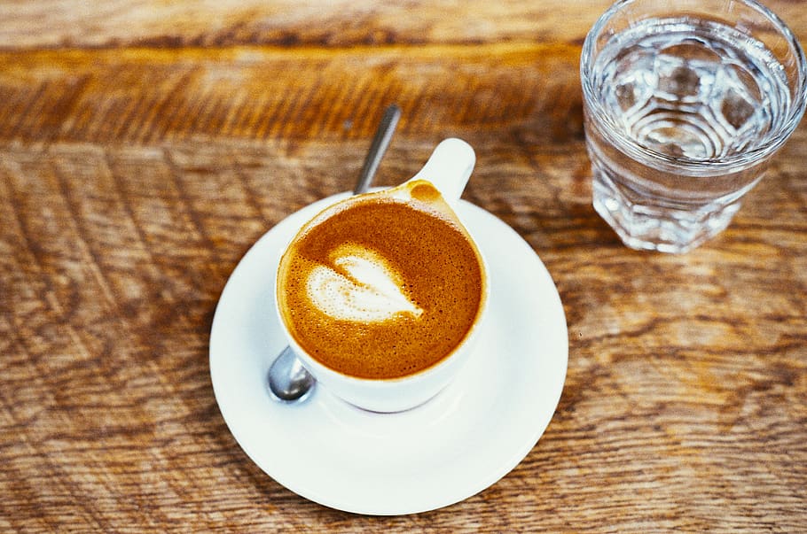 coffee, cappuccino, cafe, cup, plate, wood, table, glass, water HD wallpaper
