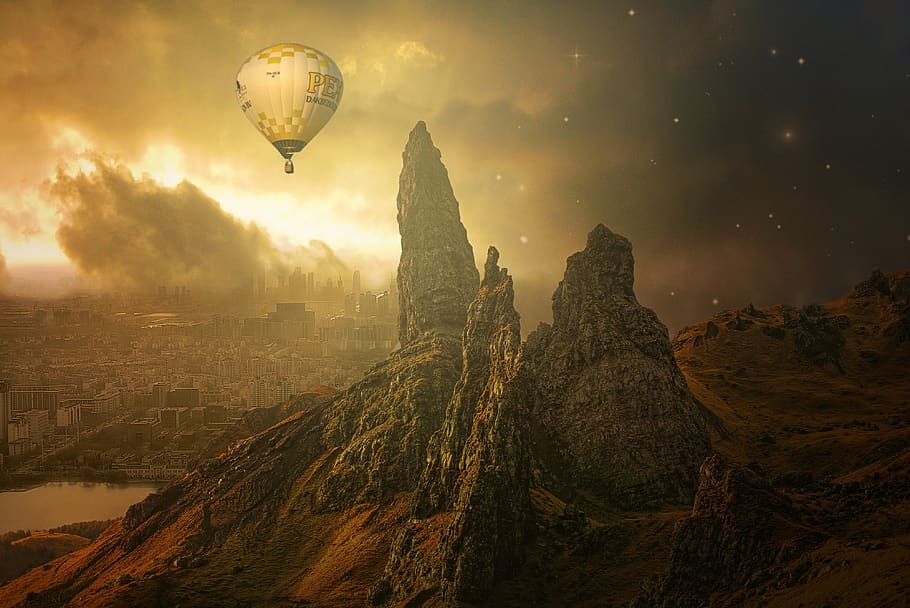 gothic, fantasy, dark, landscape, mountains, lake, city, hot air balloon HD wallpaper