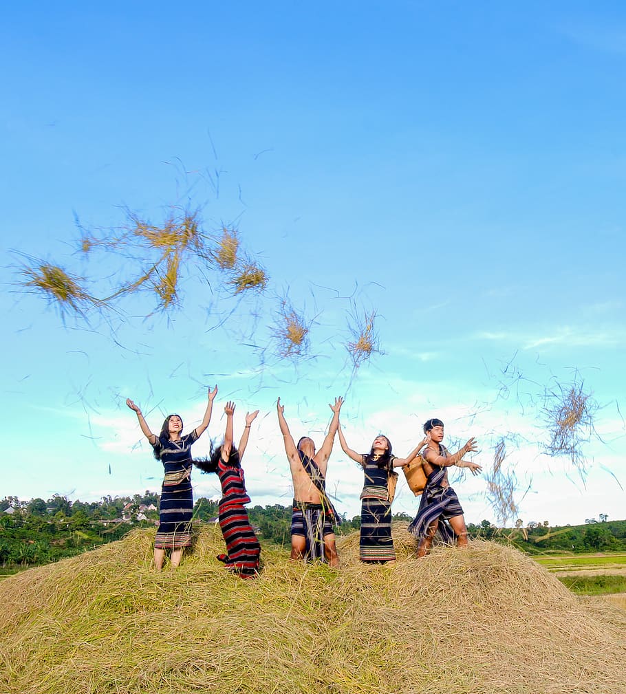 Four People Standing on Hay While Throwing Up, daylight, grass HD wallpaper