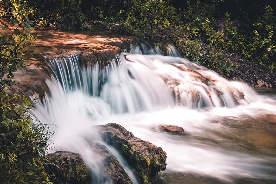Time lapse Photo of Waterfall Surrounded by Grass, 4k wallpaper HD wallpaper