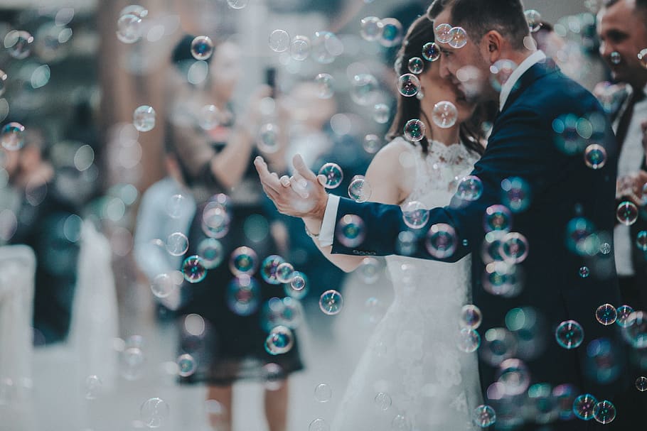 wedding couple dancing with bubbles, human, person, light, bride