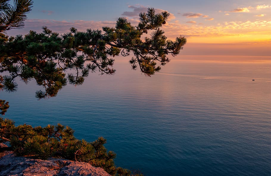 blue sea during sunset, nature, outdoors, water, land, shoreline HD wallpaper