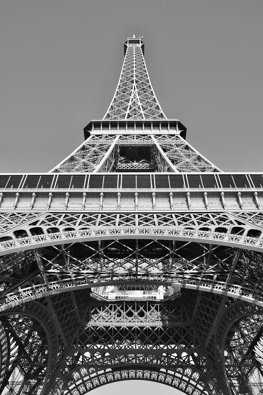 eiffel tower, eiffel tower monument historic, paris, black and white photo, HD wallpaper